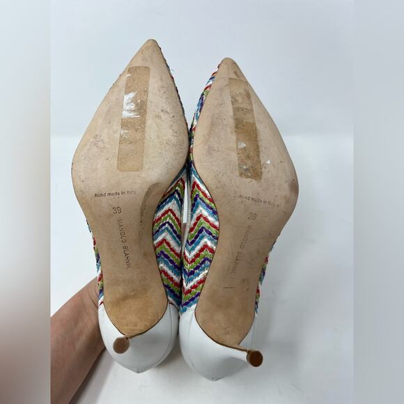 Manolo Blahnik Arina Pointed Toe Rainbow ZigZag Pump White Leather size 39 EU - Picture 6 of 6